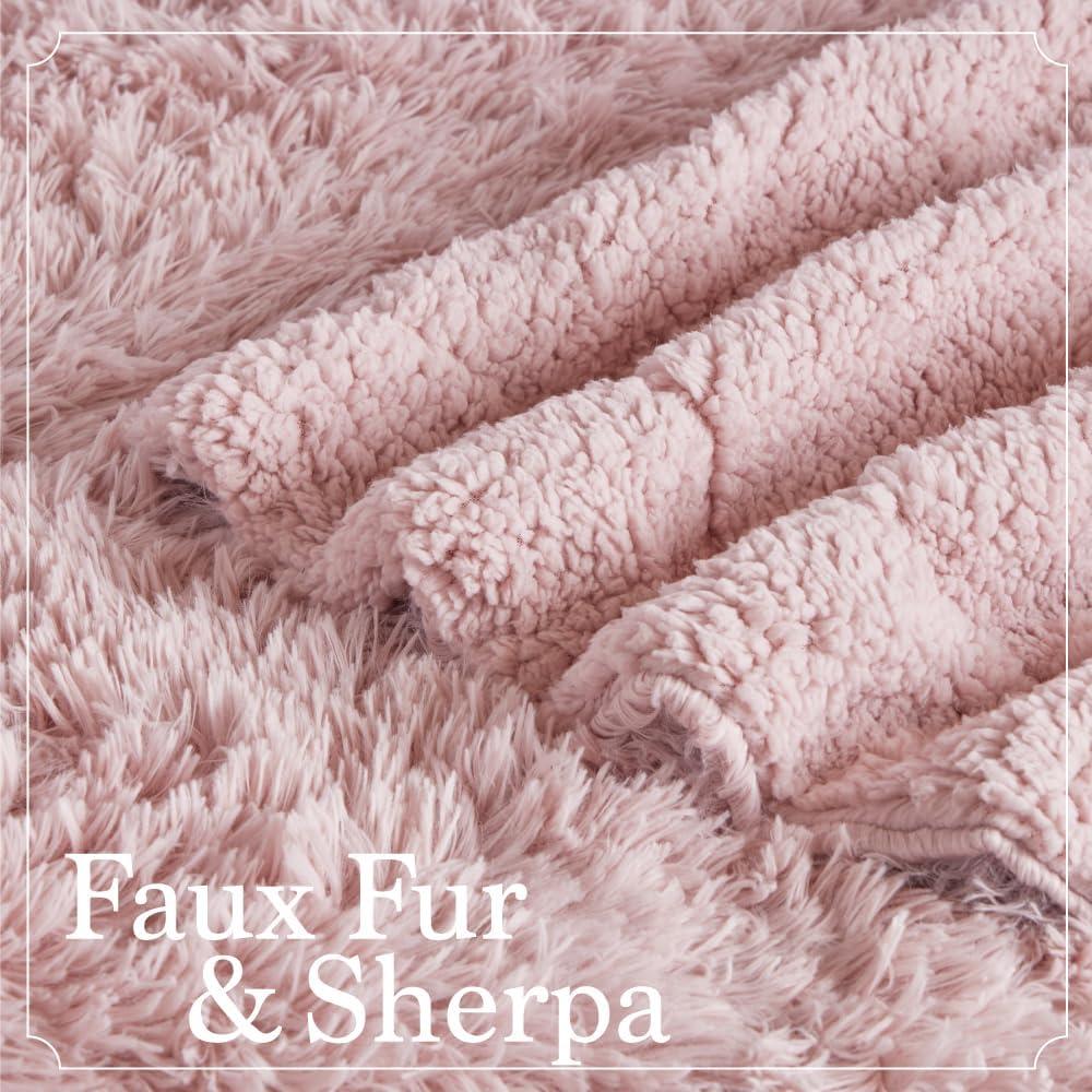 Dusty Rose Reversible Sherpa and Faux Fur Throw Blanket