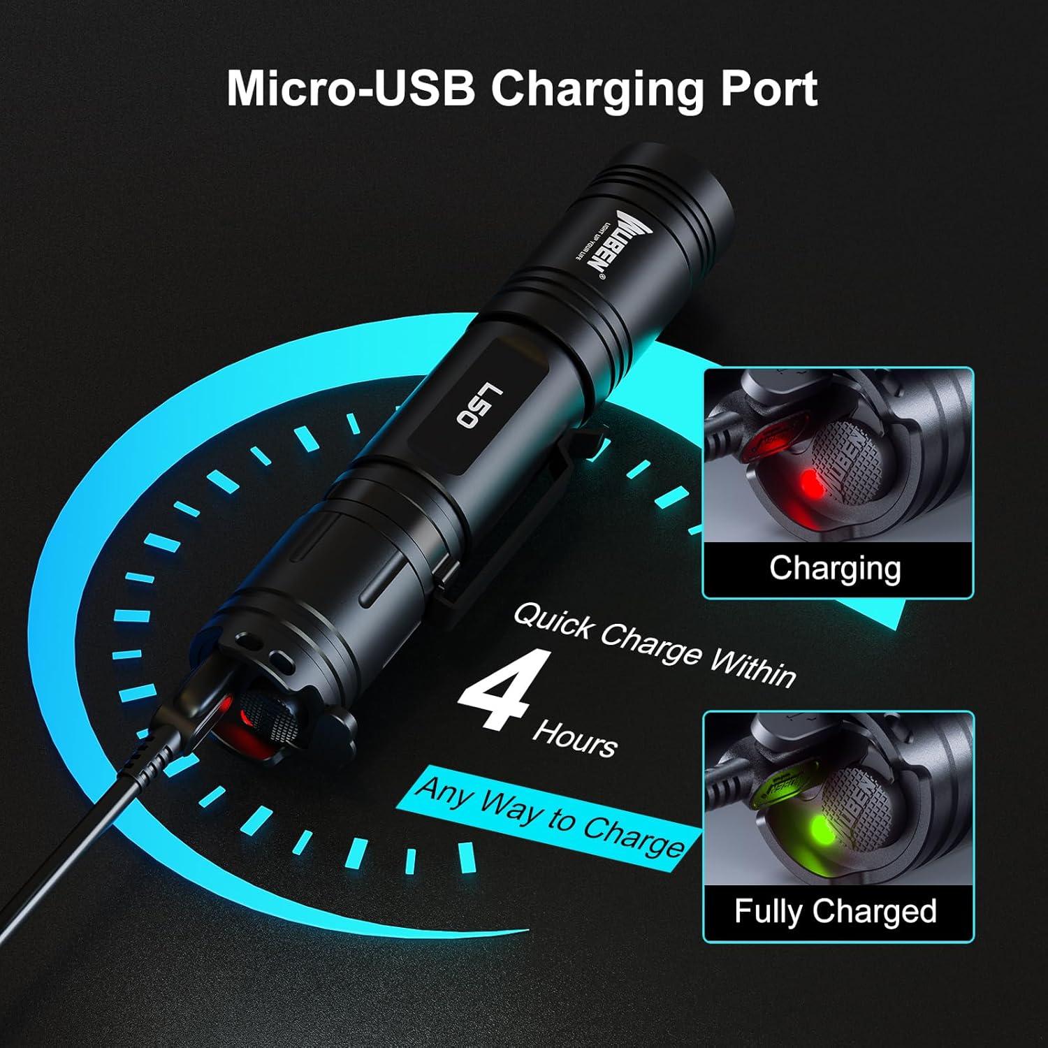 Wuben L50 Rechargeable Tactical Flashlights, 1200 Lumens, IP68 Waterproof, 5 Modes for Emergency, Rescue, Inspection, Hunting