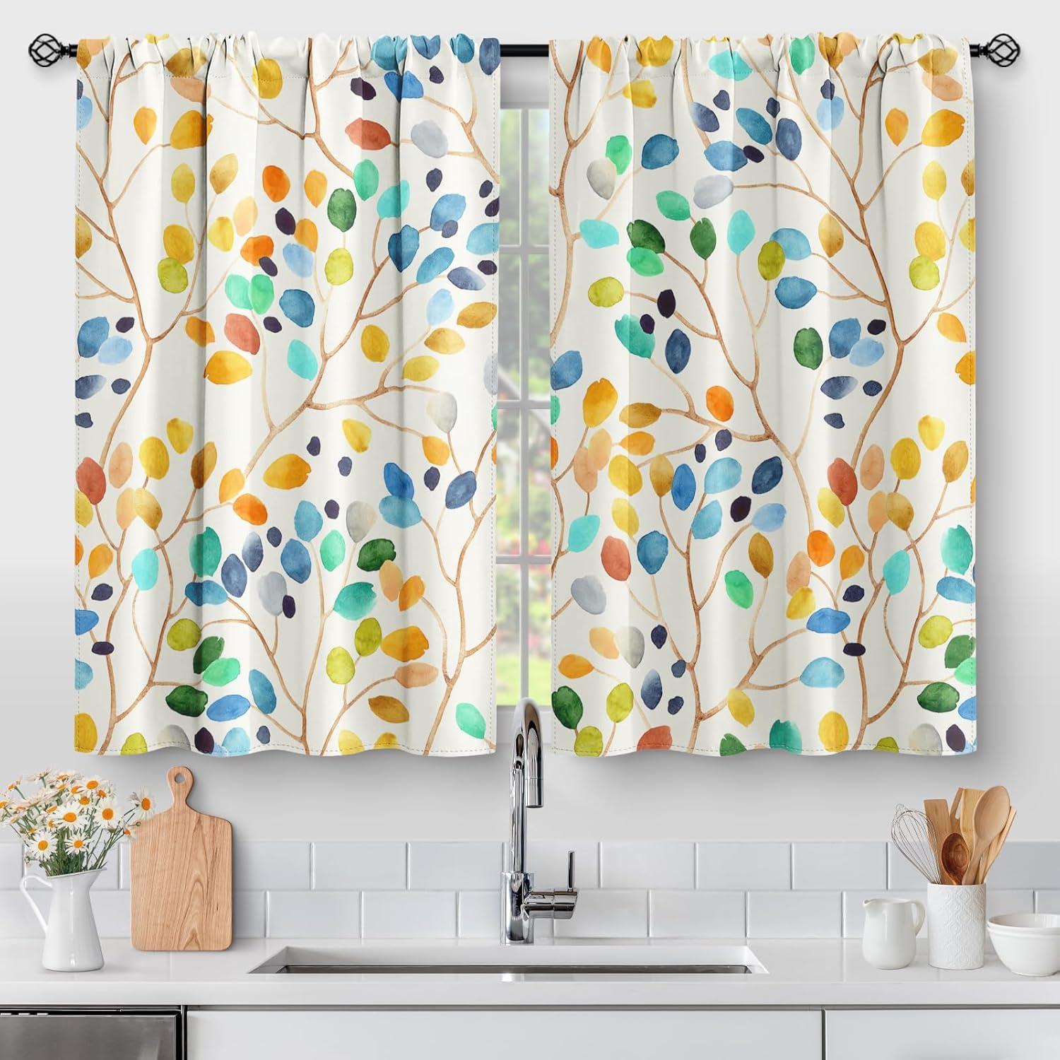 Aimego Colorful Leaves Kitchen Curtains - Floral Spring Botanical Tier Cafe Curtains Farmhouse Country Small Window for Bathroom Living RV Rod Pocket Window Drapes 36 Inch 2 Panels Set 28 "x36