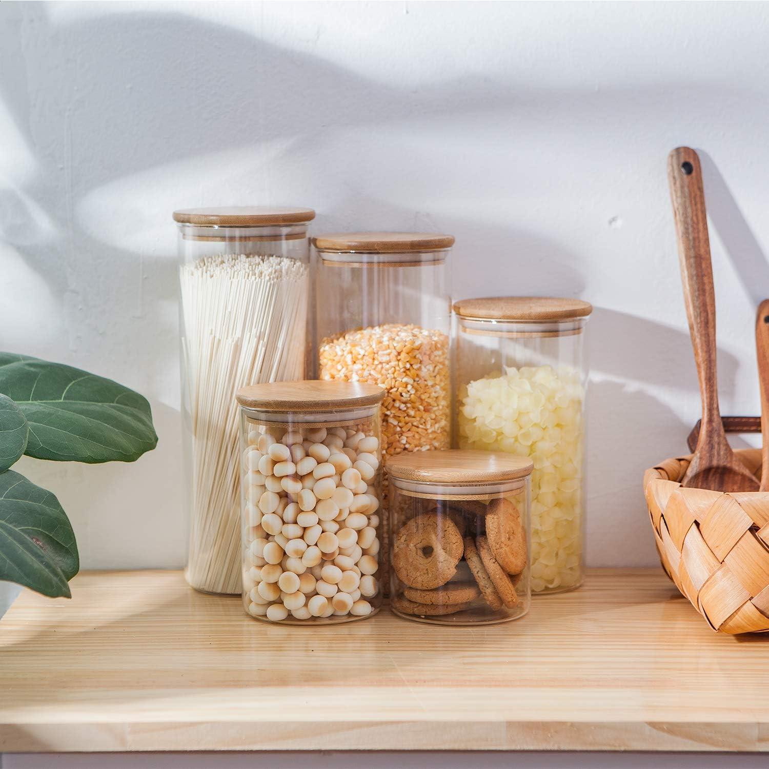 Clear Glass Food Storage Jars with Bamboo Lids, Set of 5