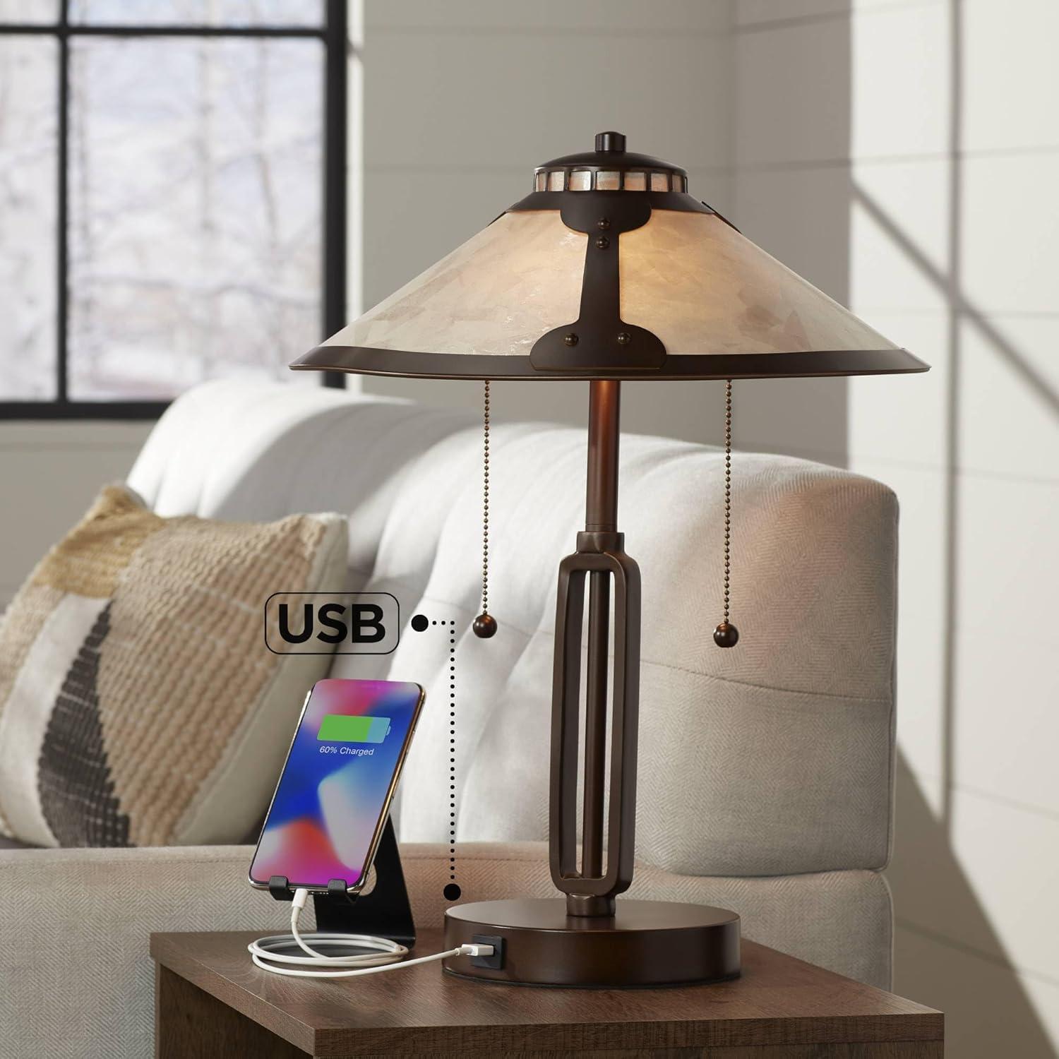 Franklin Iron Works Samuel Industrial Desk Lamp 20" High Rubbed Bronze with USB Charging Port Natural Mica Shade for Bedroom Living Room Bedside Desk