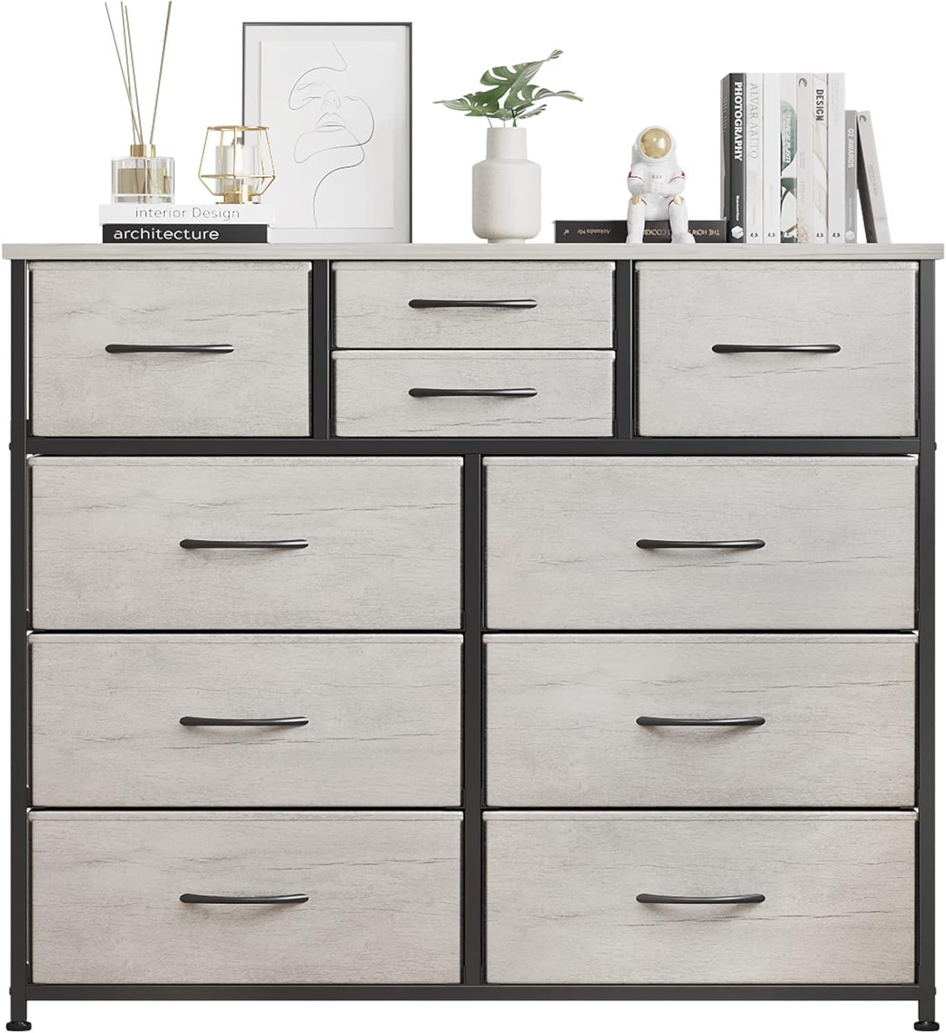 Greige 10-Drawer Fabric Storage Dresser with Steel Frame