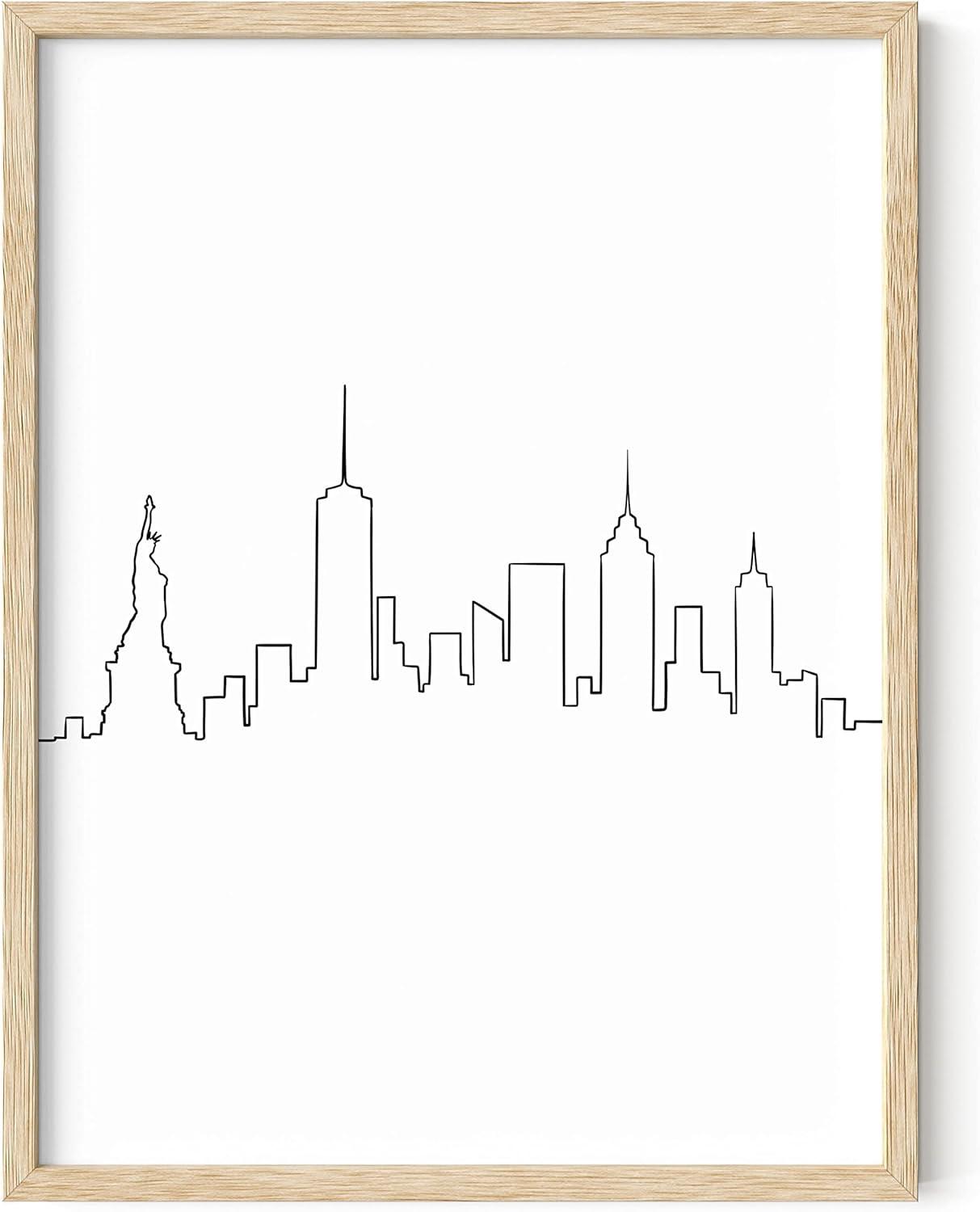 Black and White NYC Skyline Print with Beige Oak Frame