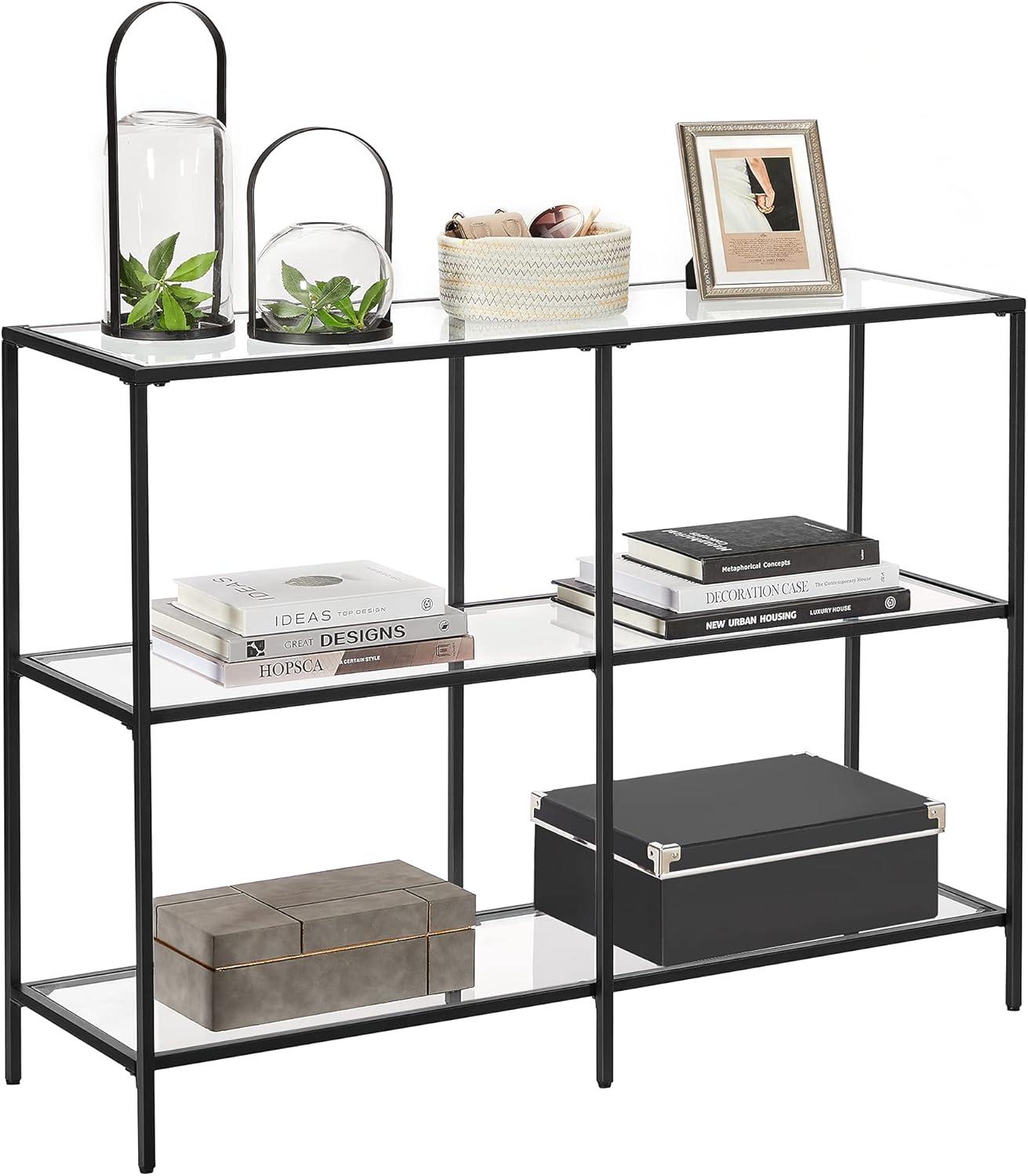 Black Metal Frame Console Table with Glass Shelves and Storage