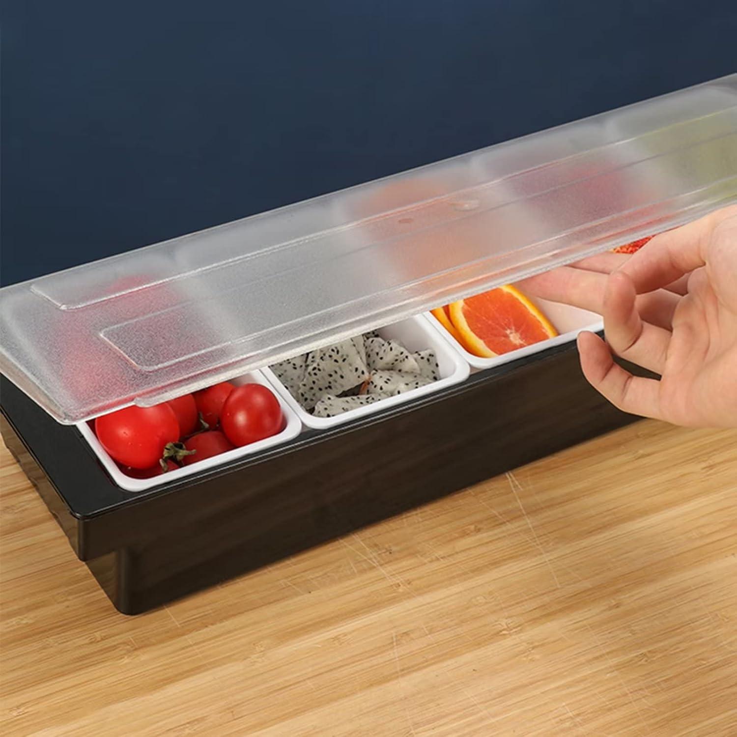 ShengRui Fruit Veggie Condiment Caddy with Lid, 6 Compartment Plastic Dispenser Tray for Catering Dips Toppings, Serving Taco, Ice Cream, Fruit, & Salad Bar,Garnish Organizer for Restaurant Supplies