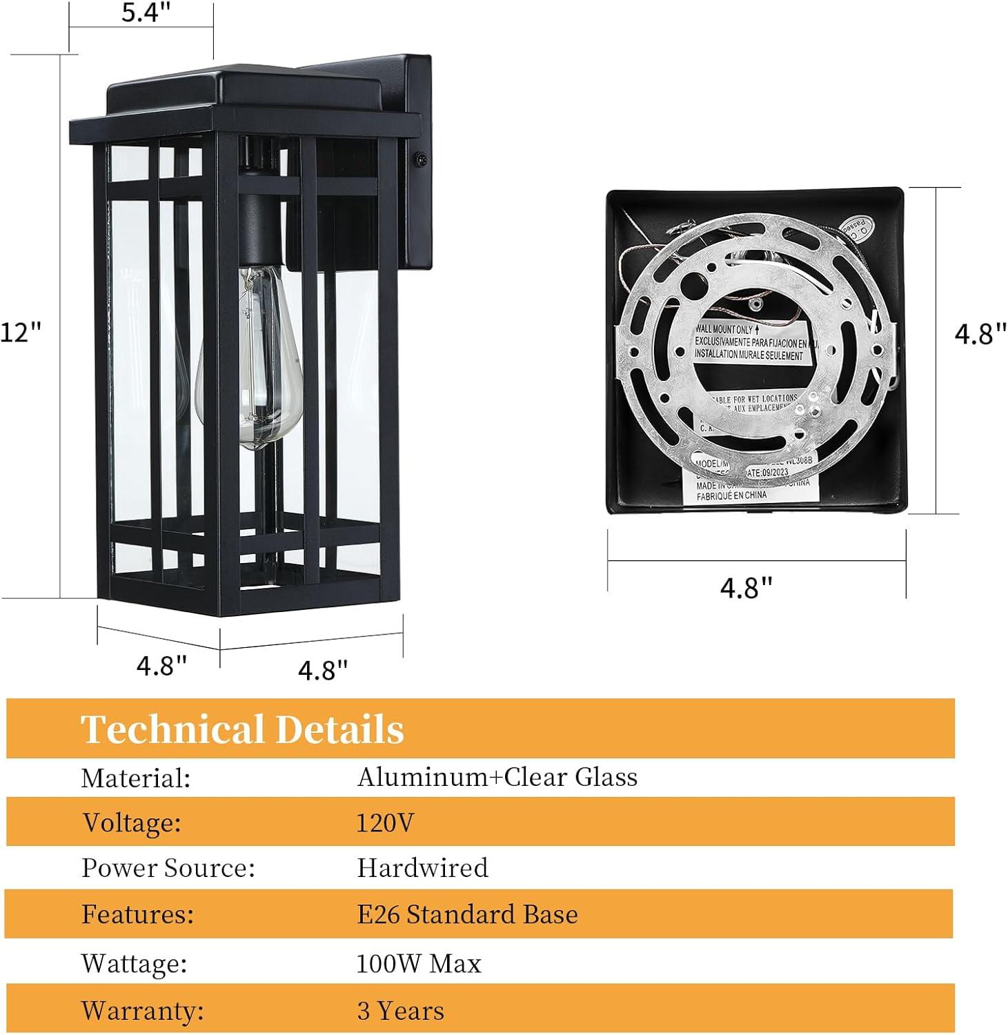 Black Modern Outdoor Wall Lanterns with Tempered Glass Shade, 9.76''