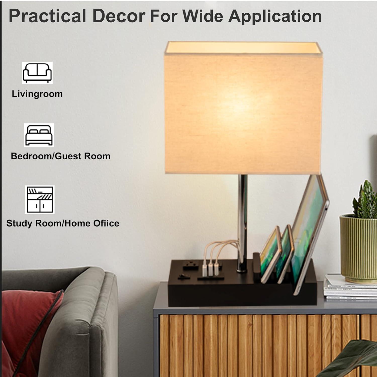 Briever Upgraded 3 USB Table Lamp with 2 USB A & C Charging Ports, Bedside Desk Lamp with 2 AC Outlets and Wooden Phone Stand Organizer, Ideal Nightstand Lamp for Bedroom, Guest Room, Office