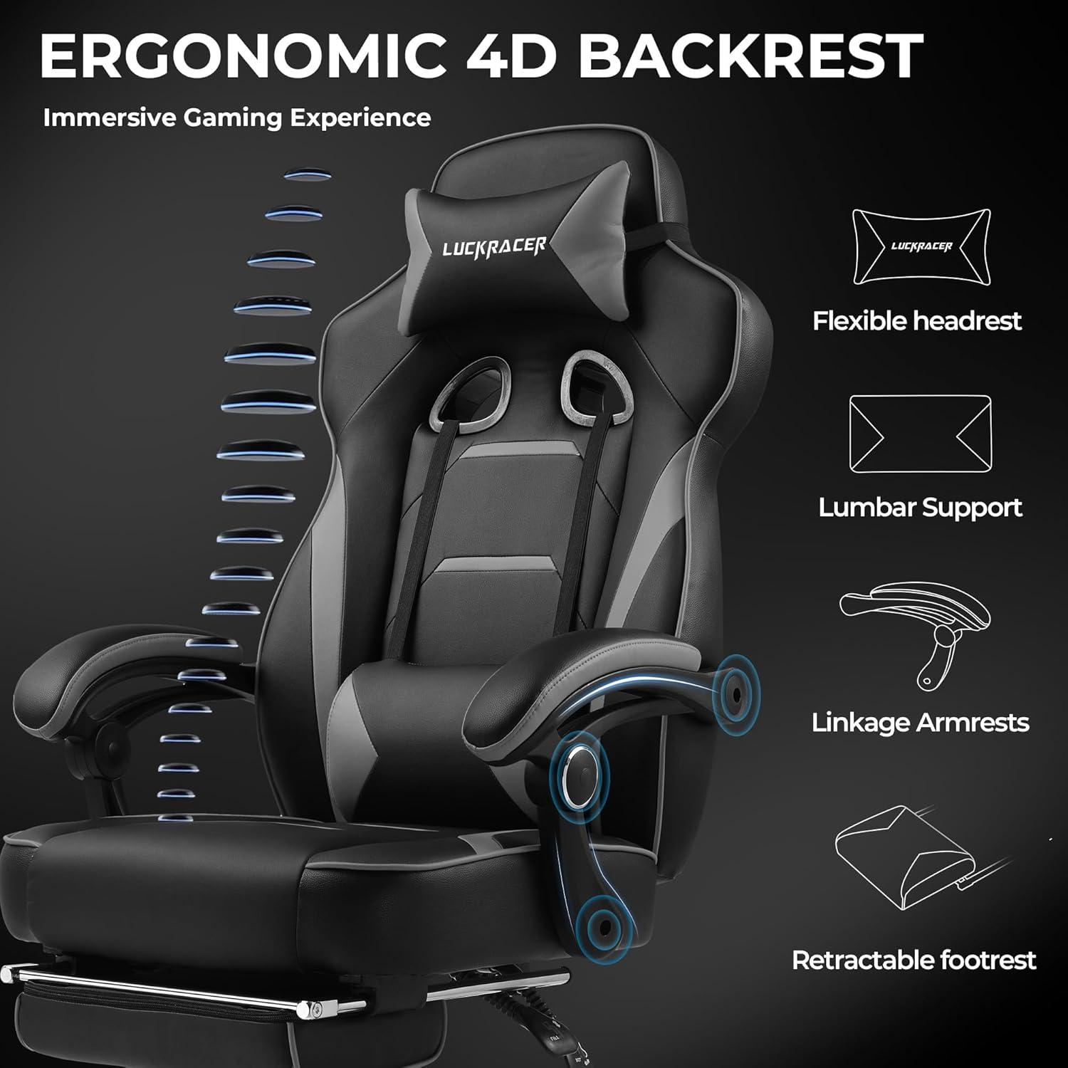 GTPLAYER Gaming Chair with Footrest, Big and Tall Game Chair 350lb Racing Style Computer Chair, Ergonomic Executive Office Chair High Back with Lumbar Support and Recliner, Gray