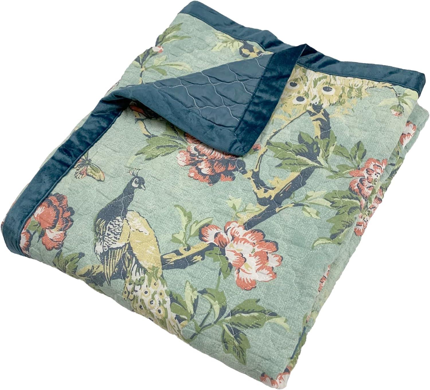 Jade Floral and Peacock Quilted Throw Blanket