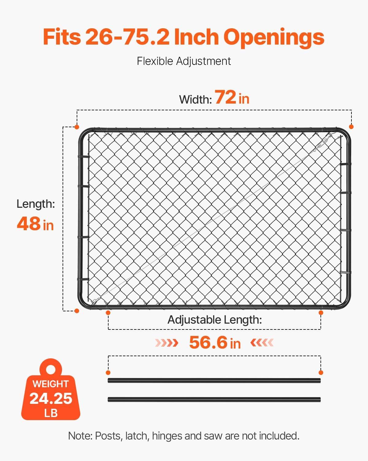 VEVOR Chain Link Fence Gate, 72 x 48 in, Adjustable Chain Link Fence Panel, Fit 2.2-6 ft (W) x 6 ft (H) Garden Fence Gate Opening, Fencing Gate with Plastic Coating, for Farm Black, Posts Not Included