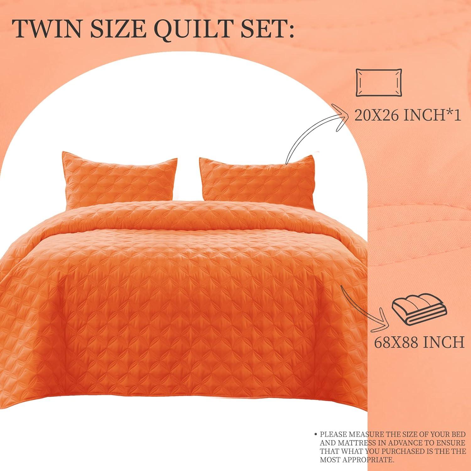 Exclusivo Mezcla Twin Quilt Bedding Set, Lightweight Soft Orange Twin Bedspreads Coverlets with Geometric Stitched Pattern