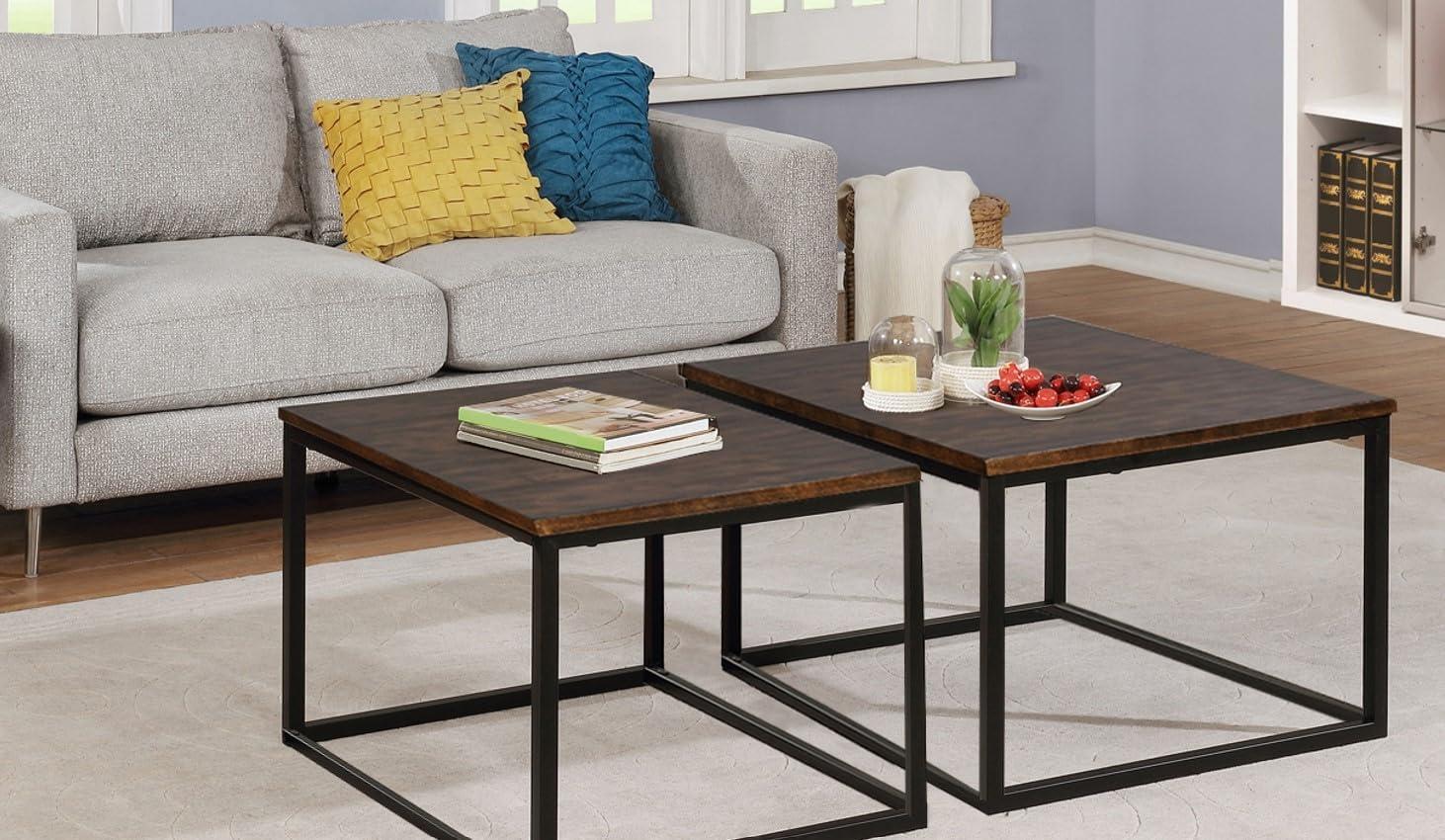 27.5" Set Of 2 Arcadia Acacia Wood Square Coffee Tables Antiqued Mocha - Alaterre Furniture: Industrial Style, Trestle Base