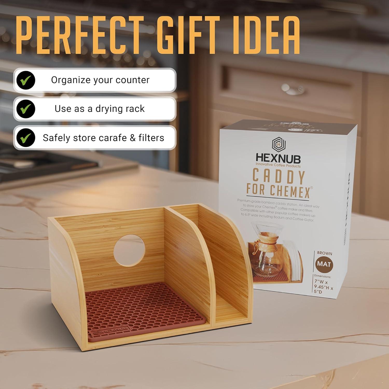 HEXNUB Bamboo Caddy for Chemex, Bodum, Cosori Pour Over Coffee Makers - Cork Mat