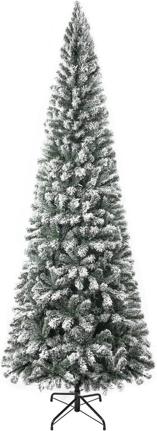 Salzburg 7.5ft Frosted Prelit Slim Artificial Christmas Tree with 1102 Branch Tips, 350 Warm Lights and Metal Stand, 34" wide Realistic Snow Flocked Skinny Pencil Christmas Tree by Naomi Home