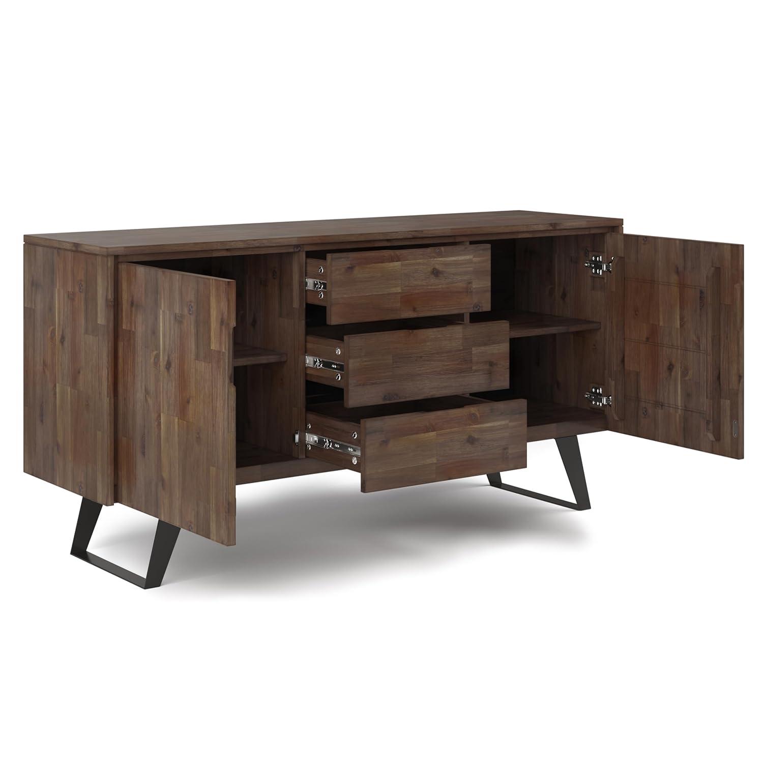 Simpli Home Lowry SOLID ACACIA WOOD and Metal 60 inch x 17 inch Rectangle Modern Industrial Sideboard Buffet in Rustic Natural Aged Brown
