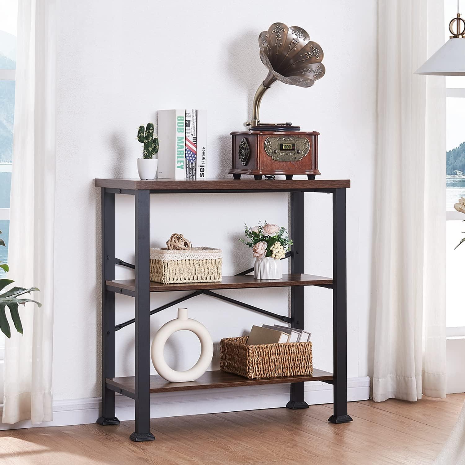 Rustic Brown 3-Tier Adjustable Wood and Metal Bookshelf