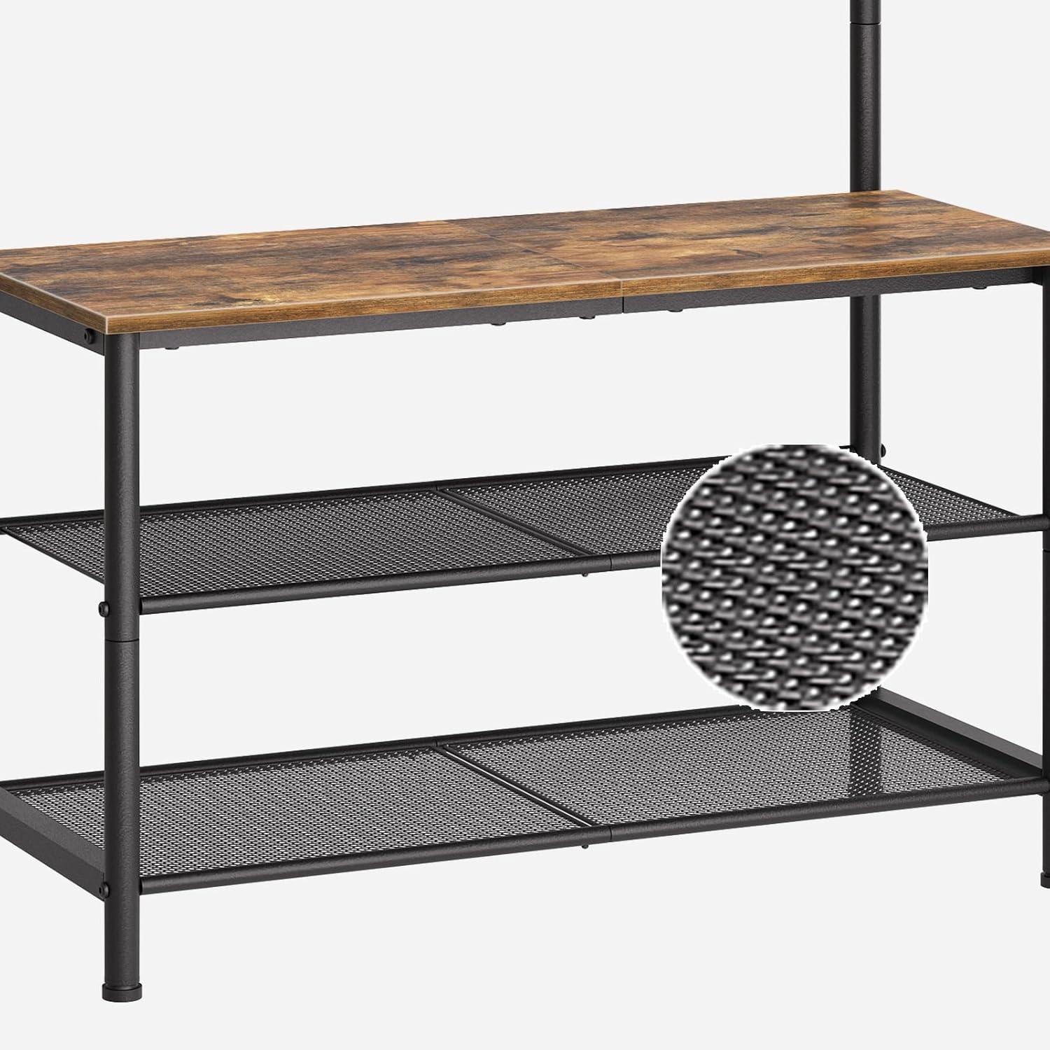 VASAGLE Hall Tree Entryway Coat Rack with Shoe Bench Rustic Walnut and Black