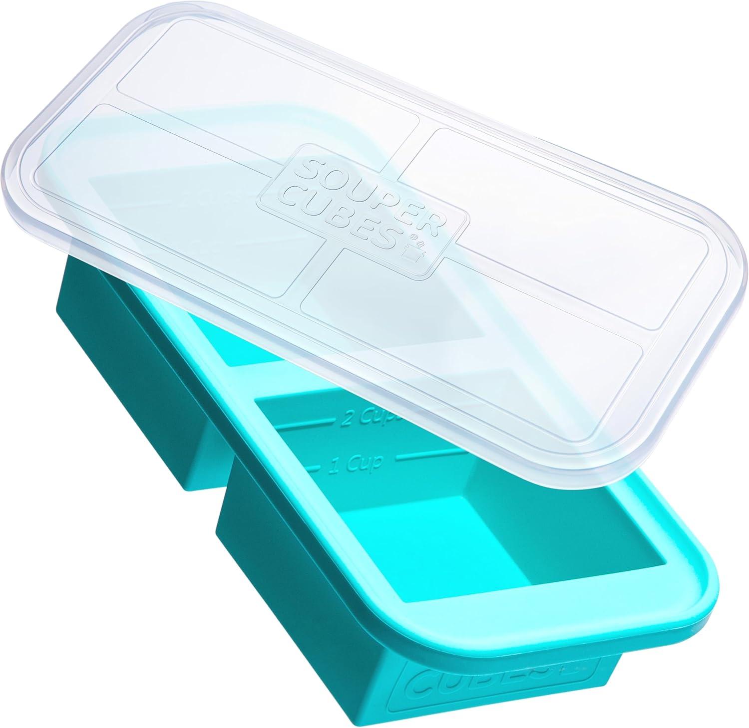 Souper Cubes 2c Food Freezing Tray with Lid Aqua Blue: Silicone Freezer Tray, Stackable, BPA-Free, Dishwasher-Safe