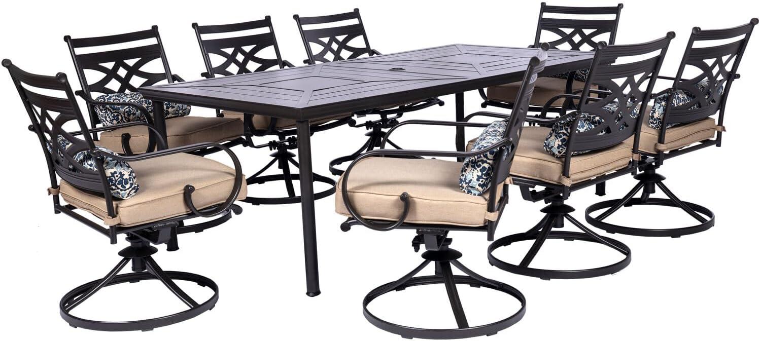 Hanover Montclair 9-Piece All-Weather Outdoor Patio Dining Set, 8 Swivel Rocker Chairs with Comfortable Seat and Lumbar Cushions, 84"x42" Stamped Rectangle Table, MCLRDN9PCSW8-TAN