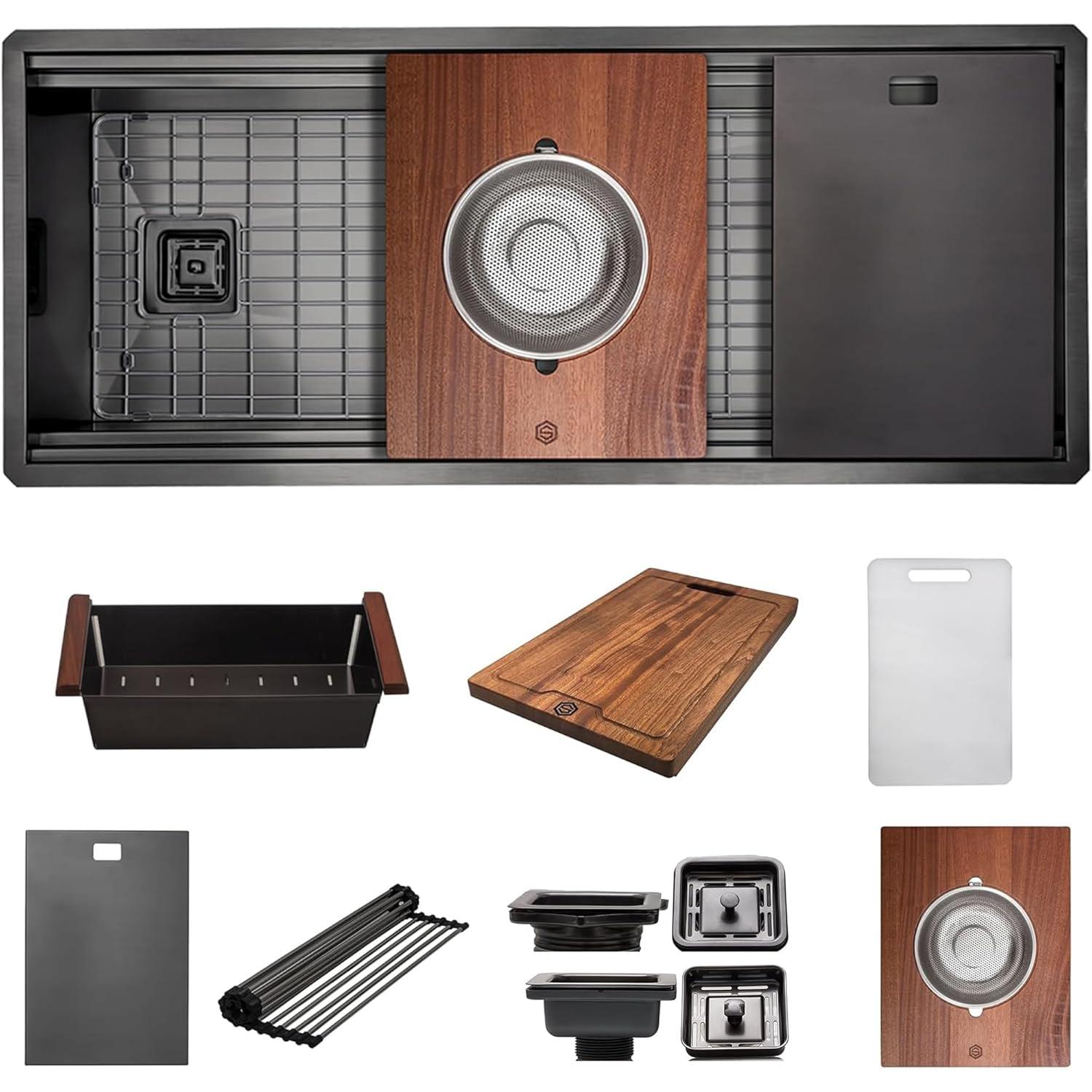 Strictly Sinks 45 Inch Black Workstation Sink - 16 Gauge Stainless Steel Sink, 2-Tier Undermount Kitchen Sink with Accessories