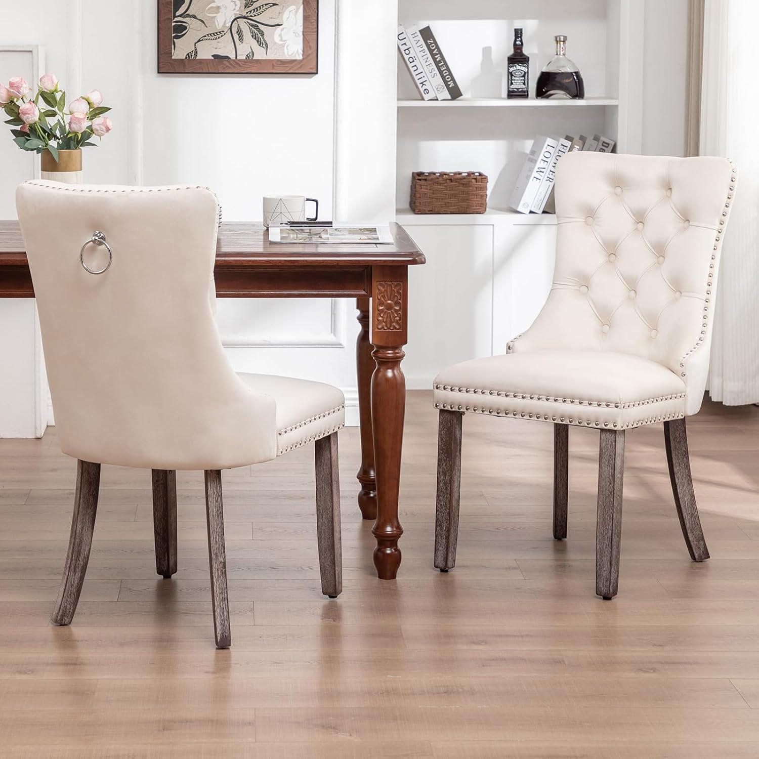 BELLEZE Upholstered Dining Chairs Set of 2, Velvet Luxury Dining Room Chairs with Button Back, Nailhead Trim, Pull-ring, Solid Wood Legs for Kitchen, Living Room, Restaurant - Chandler (Beige)