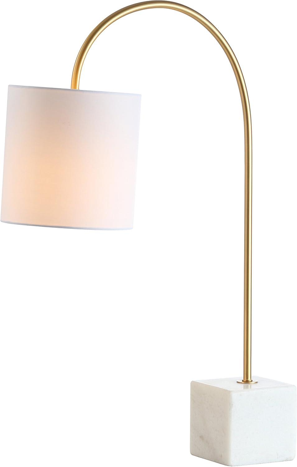 White Marble and Brass Arc Table Lamp with Cotton Shade