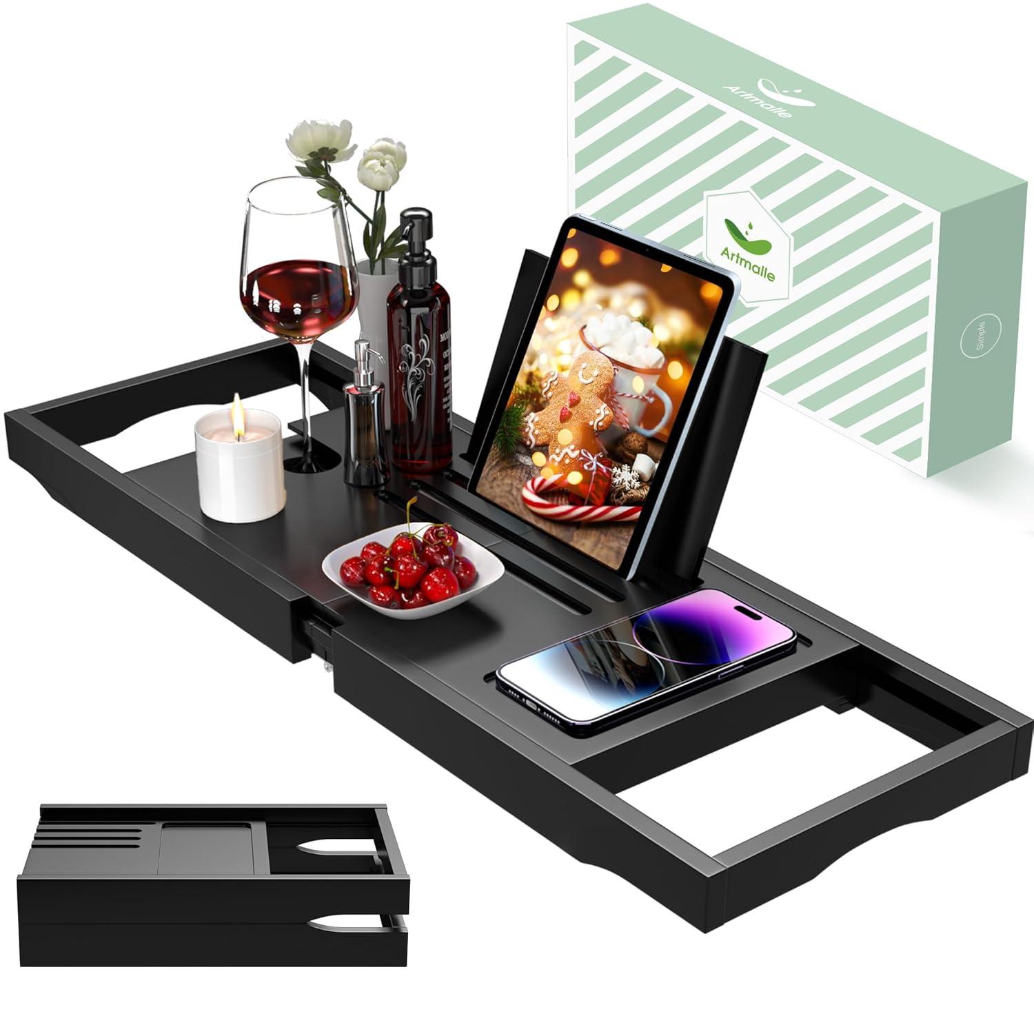 Artmalle Foldable Bathtub Tray for Tub, Bamboo Bathtub Caddy Tray Table with Book Stand for Luxury Bath, Bathroom Accessories for Women Men with Free Soap Dish (Semi-Simple, Natural) (Natural)