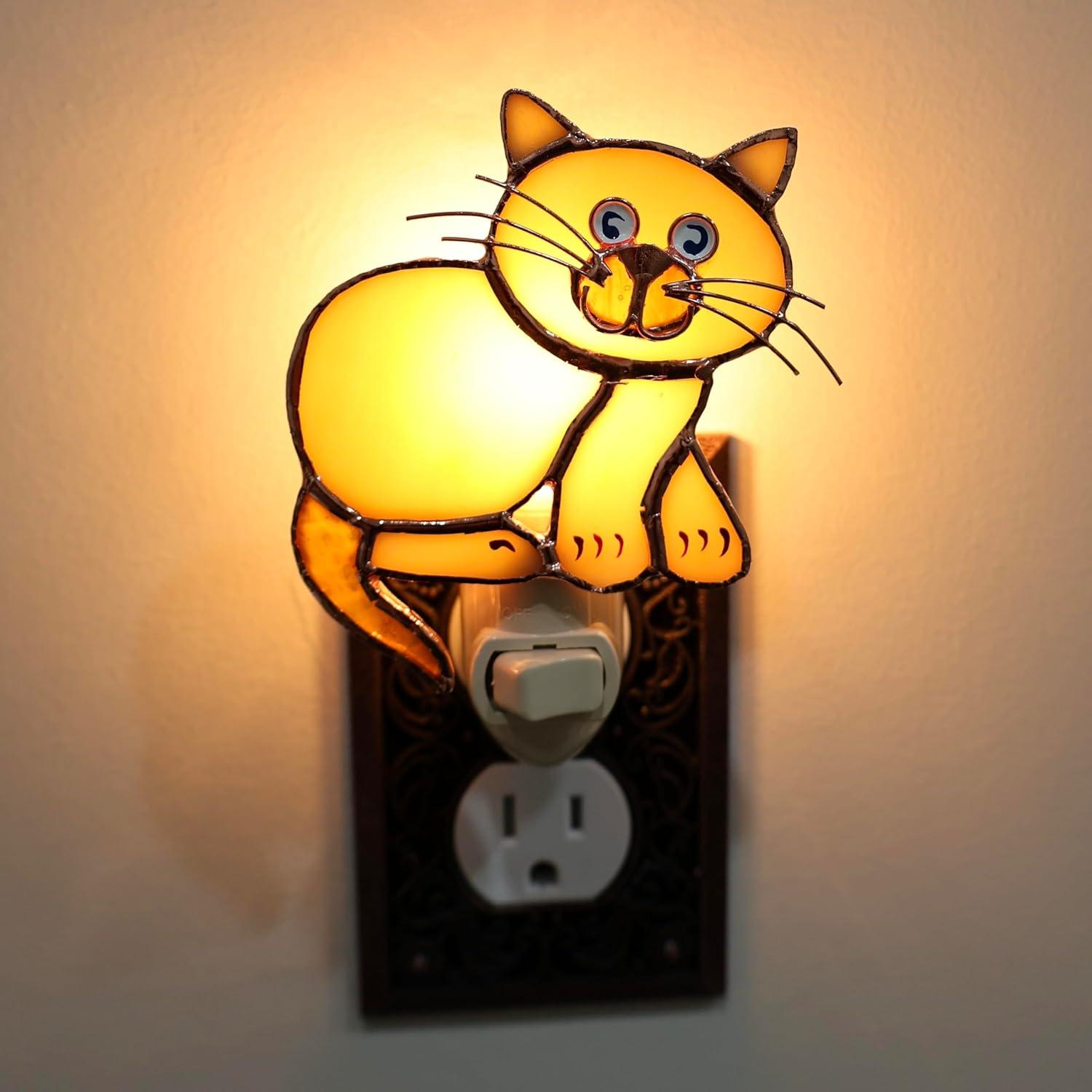 Handcrafted Tan Stained Glass Cat Night Light with Switch