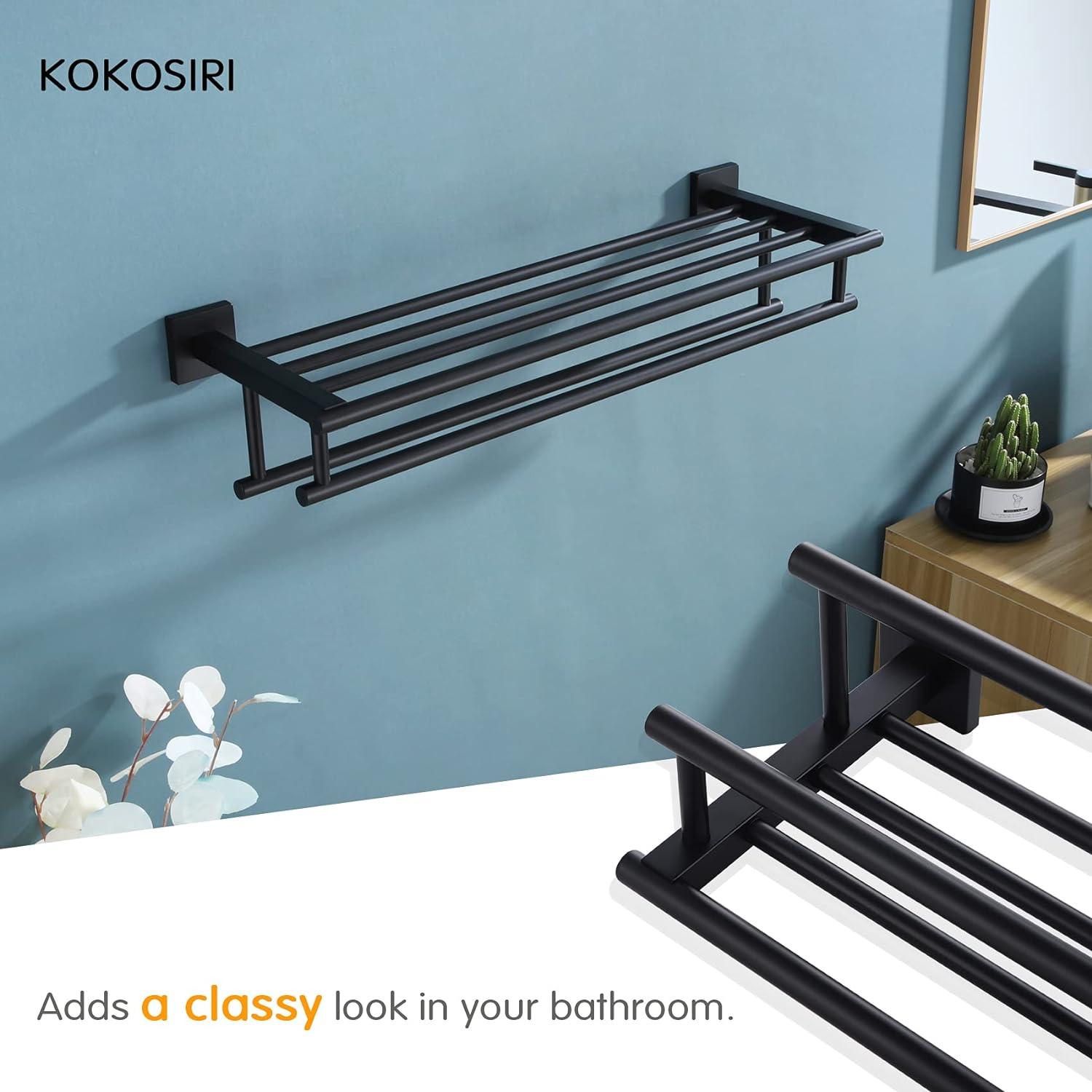 KOKOSIRI Bath Towel Rack with Double Towel Bars Bathroom Towel Shelf 24 Inch Towel Holder Wall Mounted Stainless Steel, Matte Black, B6005BK-L24
