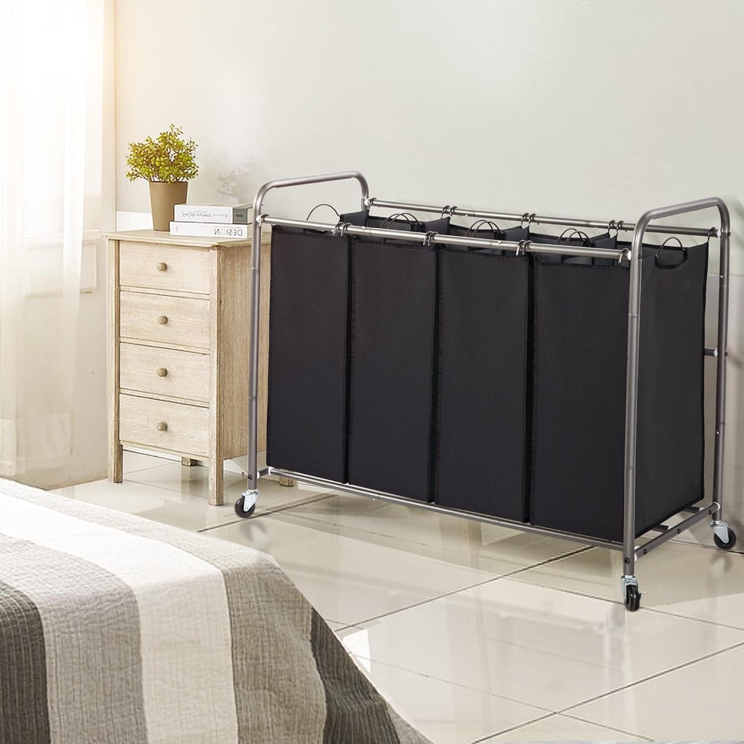 STO STO Laundry Sorter 4 Section, 4 Bag Laundry Hamper, Rolling Laundry Cart, Laundry Basket with Heavy Duty Lockable Wheels and Removable Bag for Clothes Storage, Black