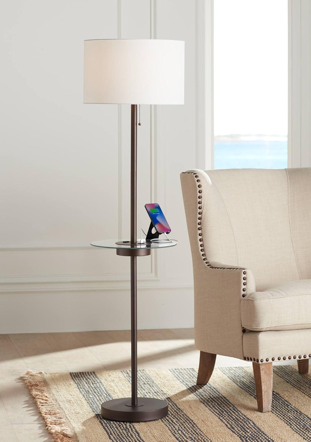 Bronze Floor Lamp with Glass Tray Table and USB Port