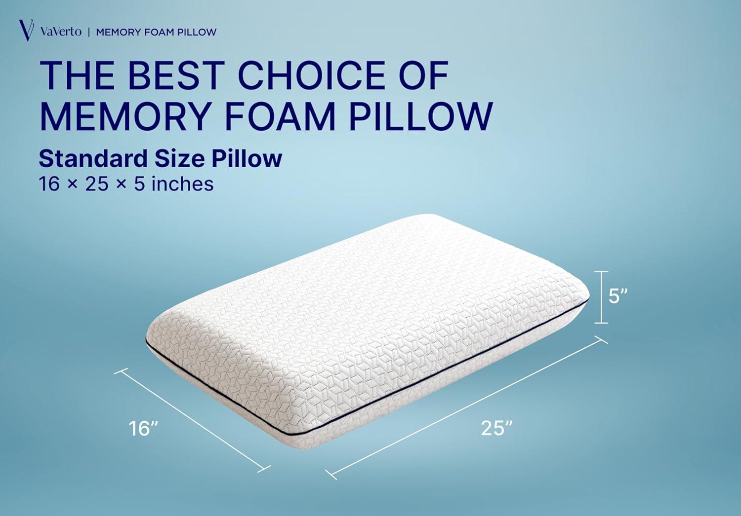 Vaverto Gel Memory Foam Pillow -Standard Size - Ventilated, Premium Bed Pillows with Washable and Bamboo Pillow Cover, Cooling, Orthopedic Sleeping, Side and Back Sleepers - 2 Pack