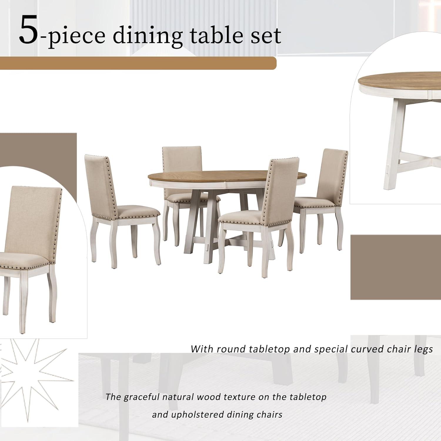 Prehome 5-Piece Farmhouse Dining Table Set Wood Round Extendable Dining Table and 4 Upholstered Dining Chairs (Oak Natural Wood + Antique White)