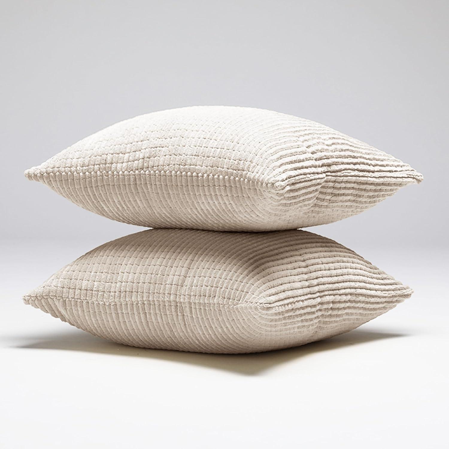Deconovo Decorative Throw Pillow Covers with Stripes, 22x22 inch, Solid Color Corduroy Cushion Covers for Bedroom, 22x22 in, Cream, Set of 2