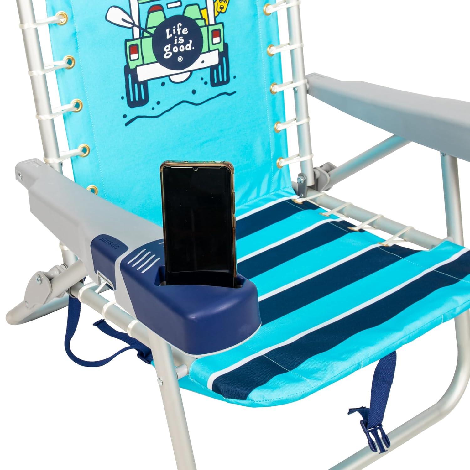 Life is Good 4-Position Lace-up Backpack Beach Chair with Pillow, Cup and Phone Holder, Island Blue