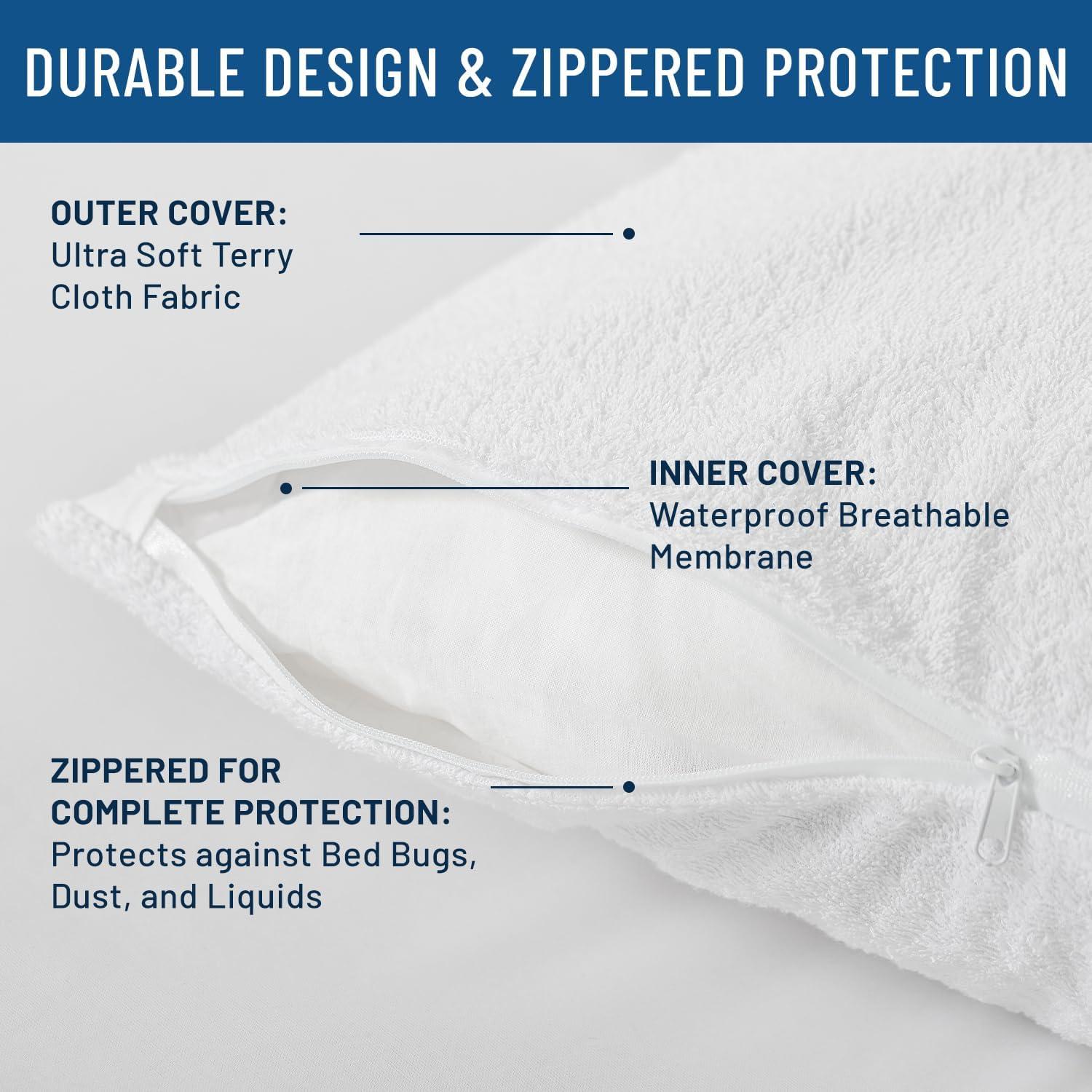 Everlasting Comfort Waterproof Pillow Protector Zippered Hypoallergenic Pillow Cover, Queen 4-Pack