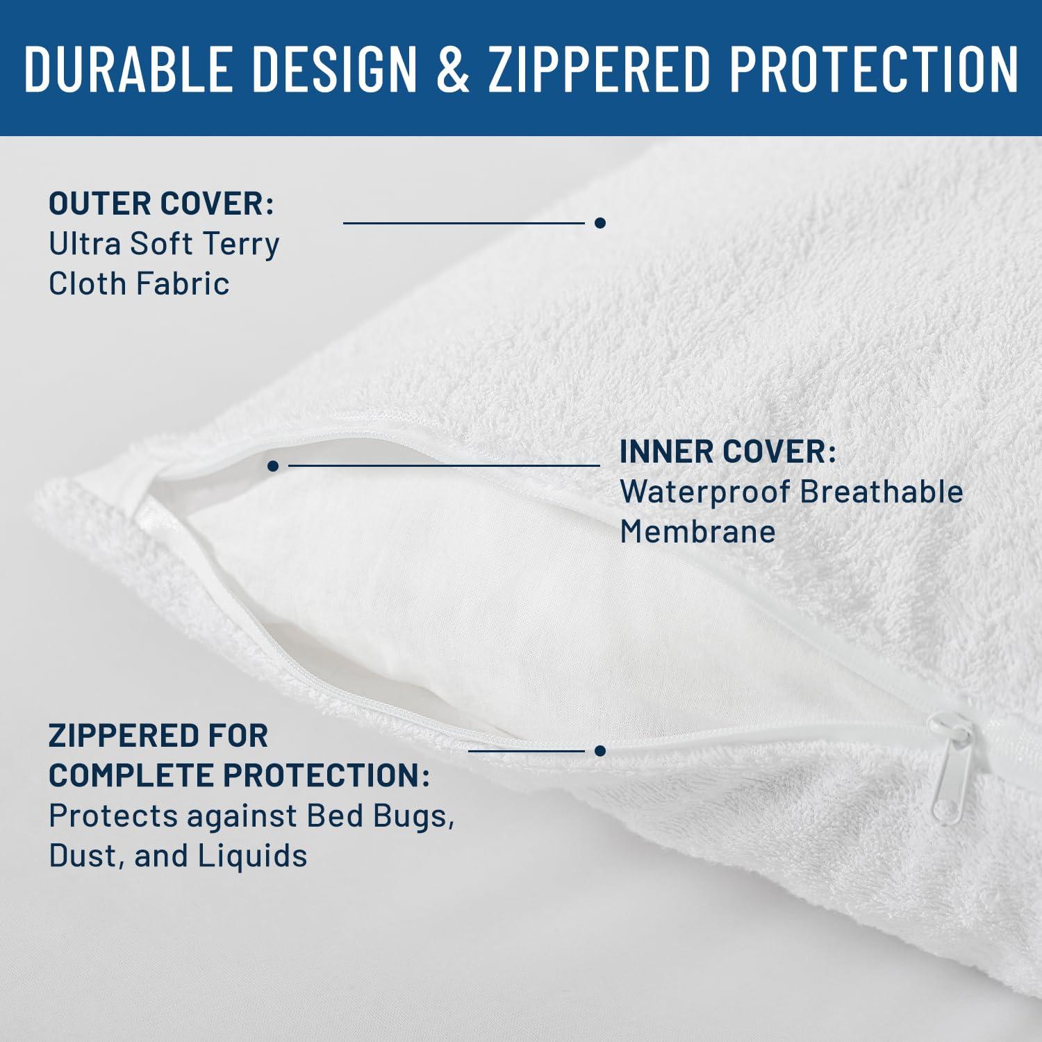 Everlasting Comfort Waterproof Pillow Protector Zippered Hypoallergenic Pillow Cover, Queen 4-Pack