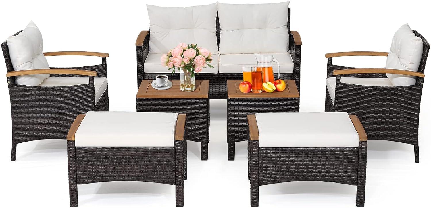 7-Piece Mix Brown Rattan Patio Sofa Set with Off-White Cushions and Acacia Wood