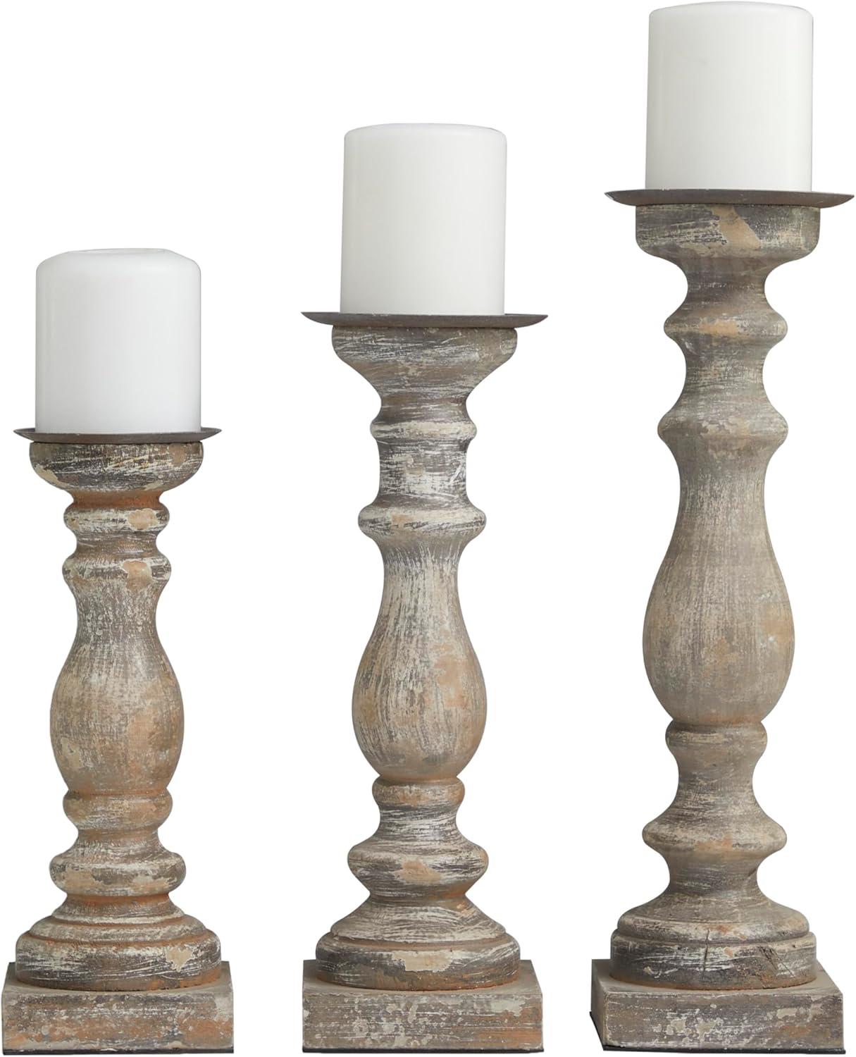 Elegant Rustic Brown Wooden Candlestick Trio, 15" Height