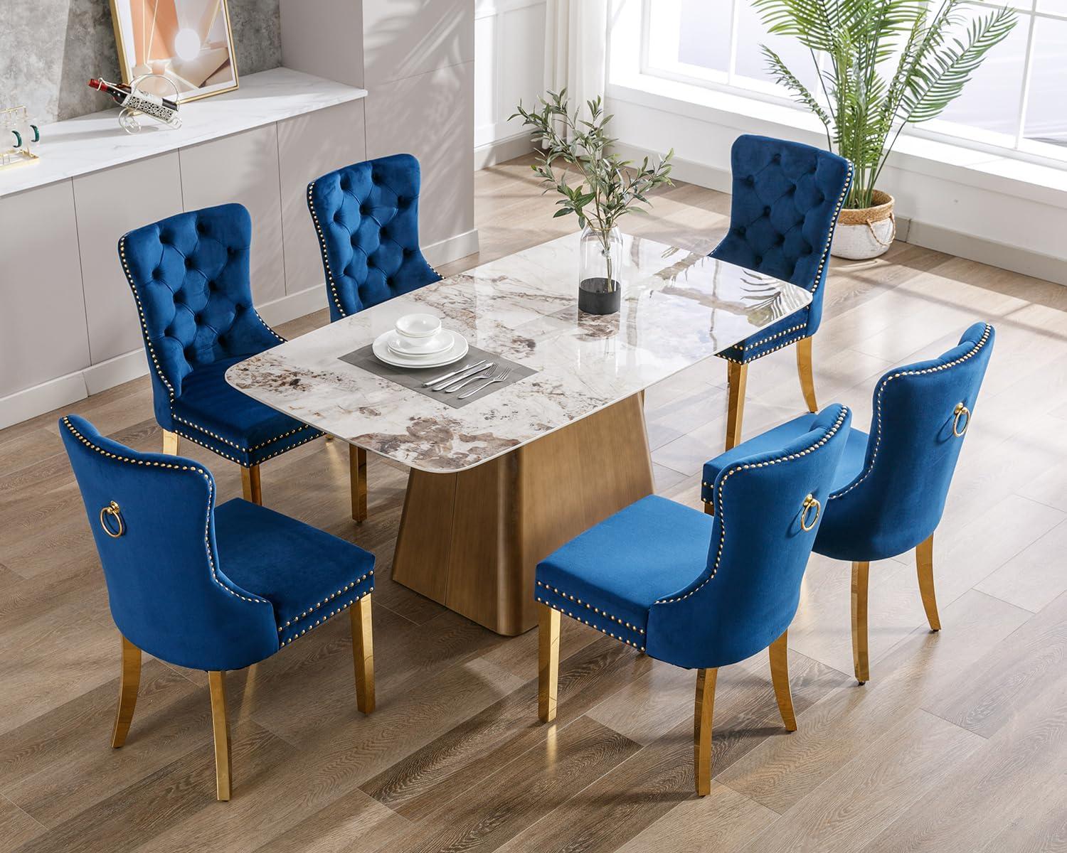 ODUSE-DAILY Velvet Dining Chairs Set of 4, Navy Kitchen & Dining Room Chairs, Tufted Dining Chairs, Fabric Upholstered, Solid Wood, Sillas De Comedor (Blue, 4 Pcs)