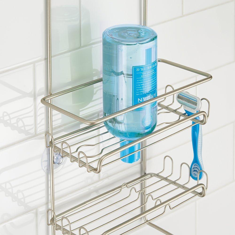 Satin Silver Metal Hanging Shower Caddy with Hooks and Towel Bar