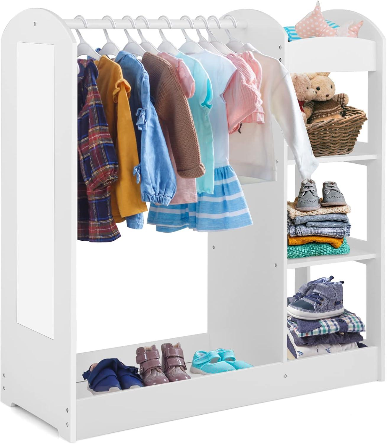 Costzon Kids Dress up Storage with Mirror, Clothes Rack, 3-Tier Shelves, Bottom Tray, Pretend Play Costume Dresser Organizer Center, Open Hanging Armoire Closet for Little Girls (White)