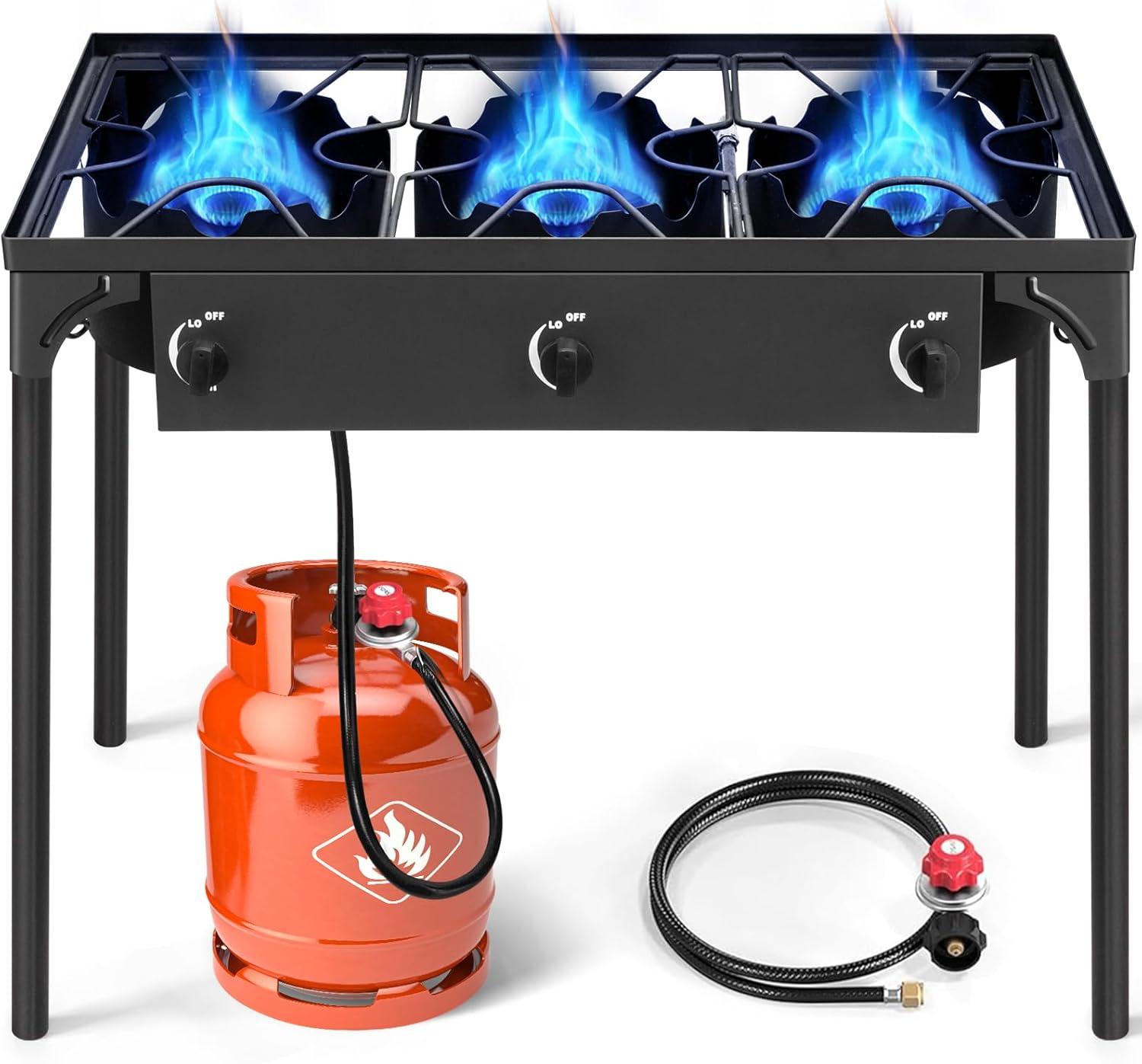 3 Burner Propane Gas Stove for Outdoor Cooking, 225,000 BTU Camping Cooker with Removable Legs, Temperature Control Knobs for Backyard Cooking, BBQ, Baking and Frying
