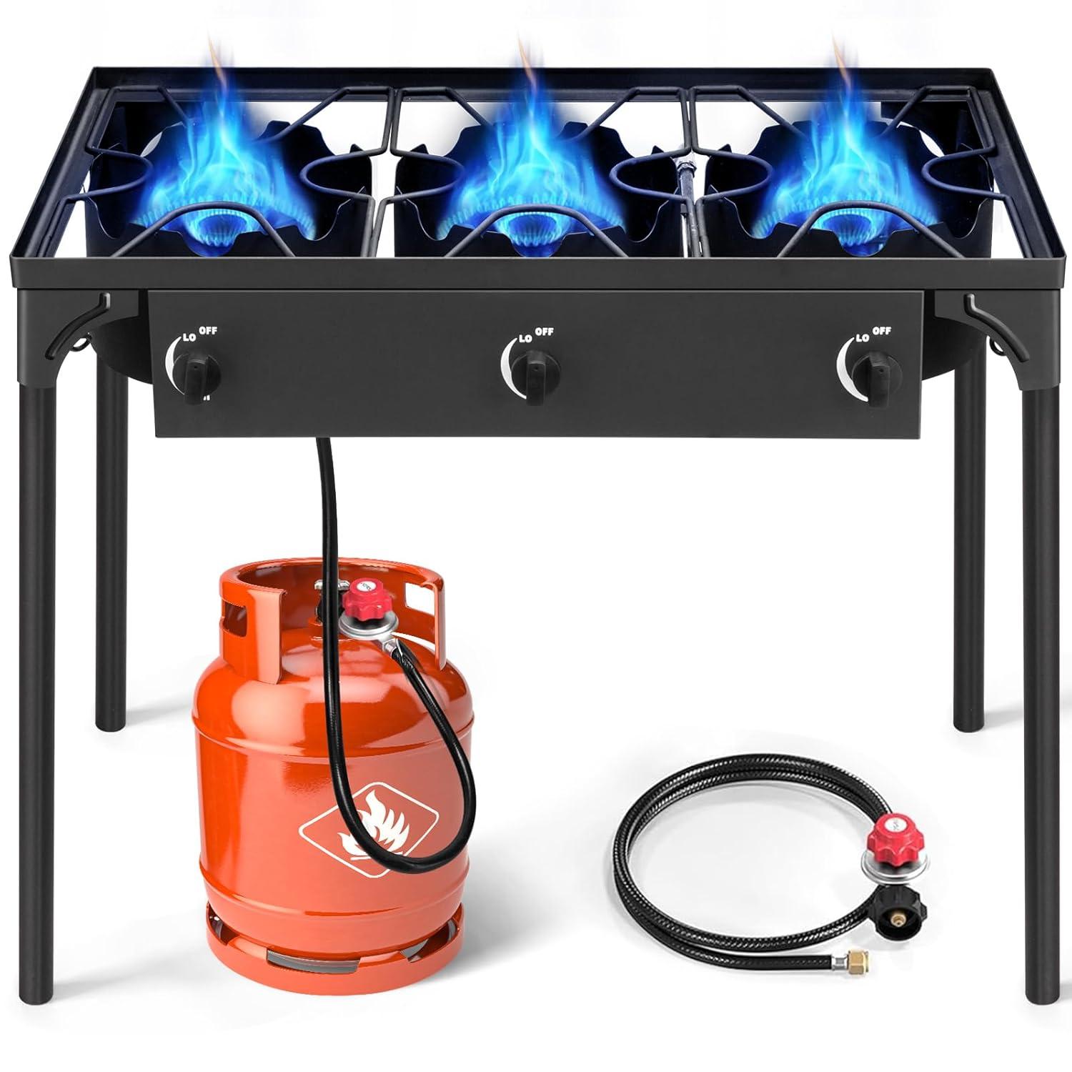 GVDV 3-Burner Propane Camping Stove, Gas Stove for Outdoor Cooking BBQ, 225,000 -BTU, 20 PSI Regulator, High Pressure, Heavy Duty, Black