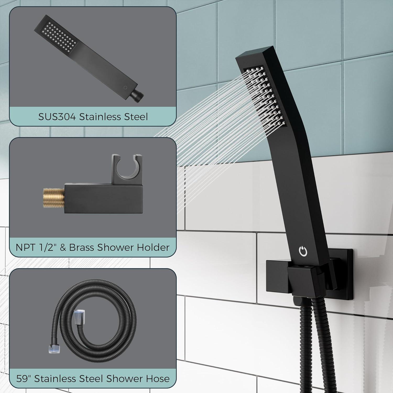 FORIOUS Shower Head System, 10 Inch Rain Shower Faucet Set with Handheld Spray Combo Rough-in Valve, Solid Brass Pressure Balanced Valve Trim Kit, Ceiling Mount, Matte Black