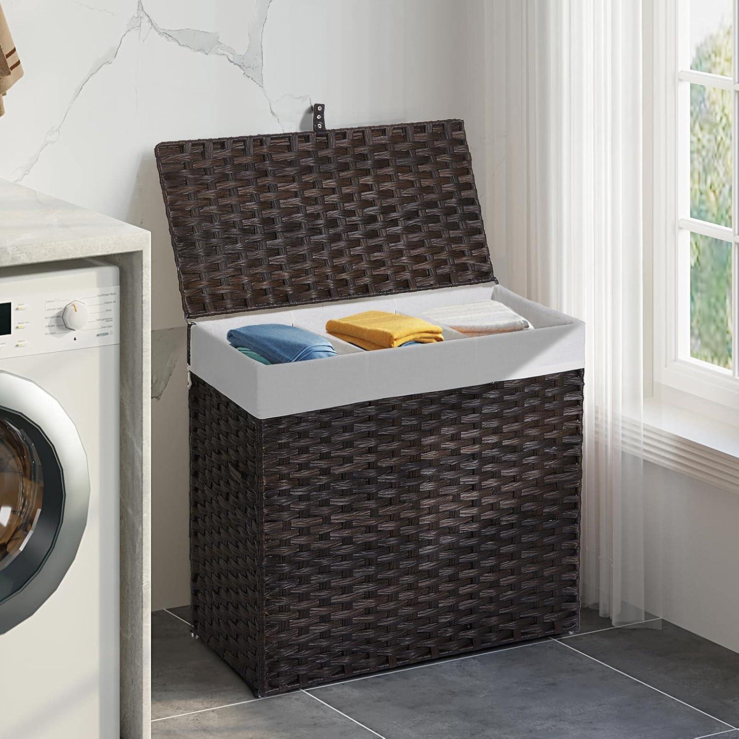 Greenstell Laundry Hamper with Lid, 125L Large Clothes Hamper with 3 Section & 2 Section Removable Liner Bags & 5 Mesh Laundry Bags, Handwoven Synthetic Rattan Divided Laundry Basket, Brown