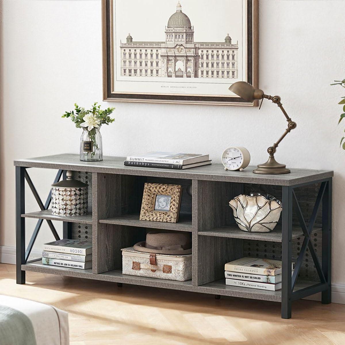 LVB Rustic Entertainment Center for 65 Inch TV, Industrial Wood TV Stand with Media Cabinet Storage, Farmhouse Metal Television Stands Console Table for Home Living Bedroom, Light Grey Oak, 55 Inch