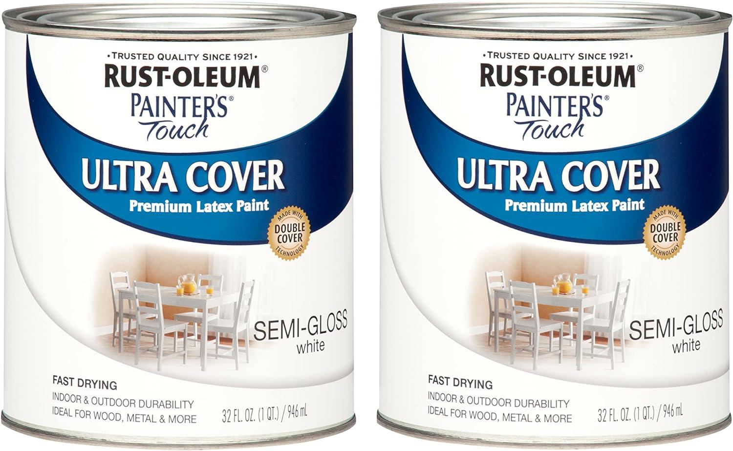 Rust-Oleum 1993502 Painter's Touch Latex Paint, Semi-Gloss White, 1 Quarts (Pack of 2)