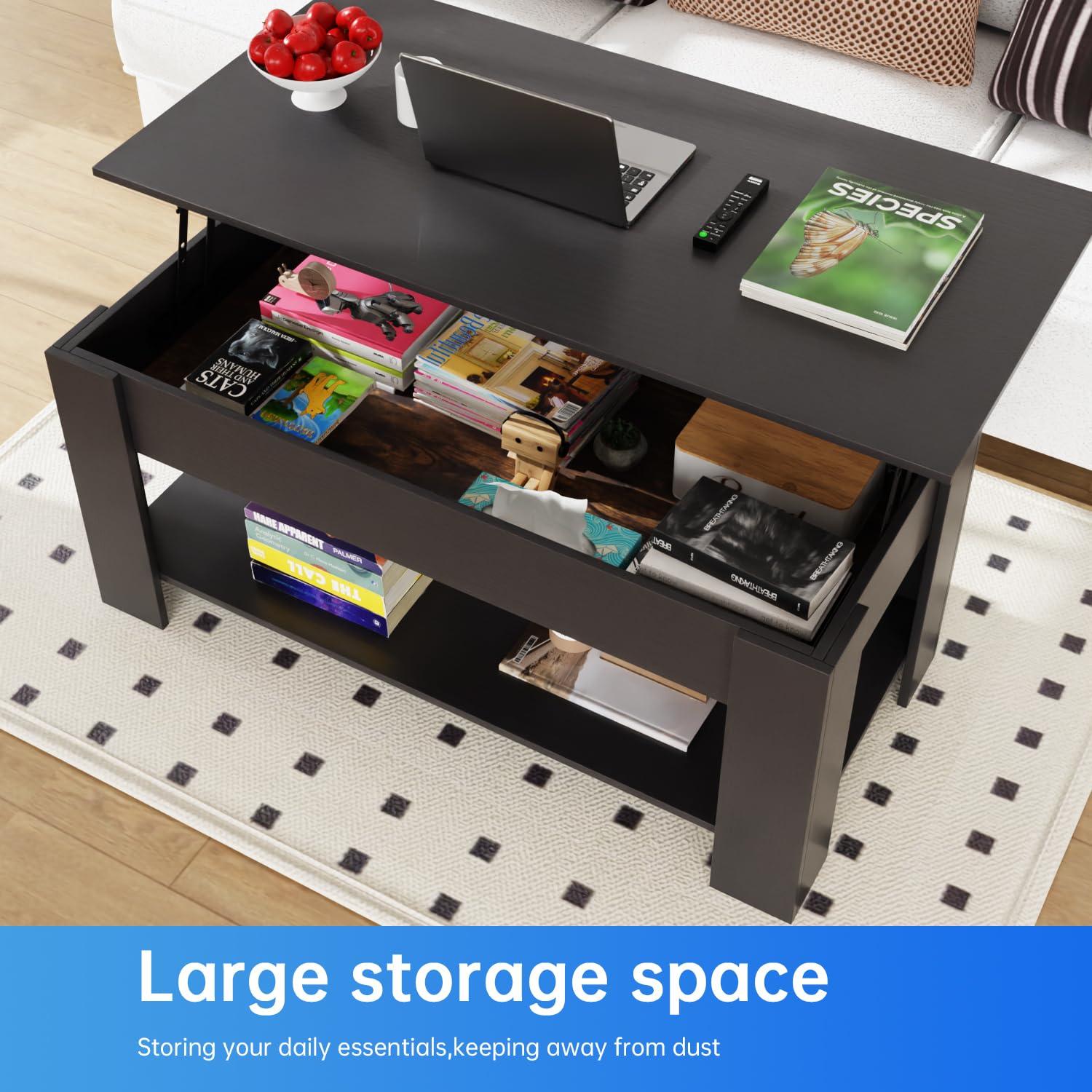 FDW Coffee Table Lift Top Coffee Tables with Hidden Compartment and Storage Shelf Wooden Lift Tabletop Dining Table for Living Room Home (Black)