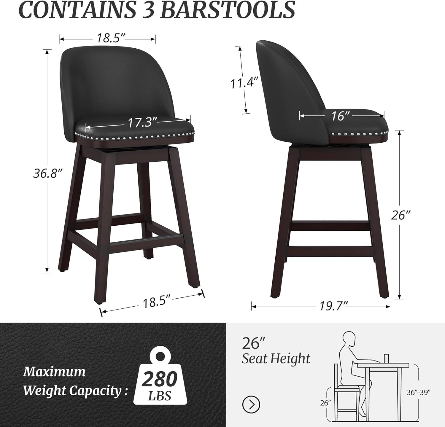 26" Black Faux Leather Swivel Counter Stools with Dark Wood Legs, Set of 3